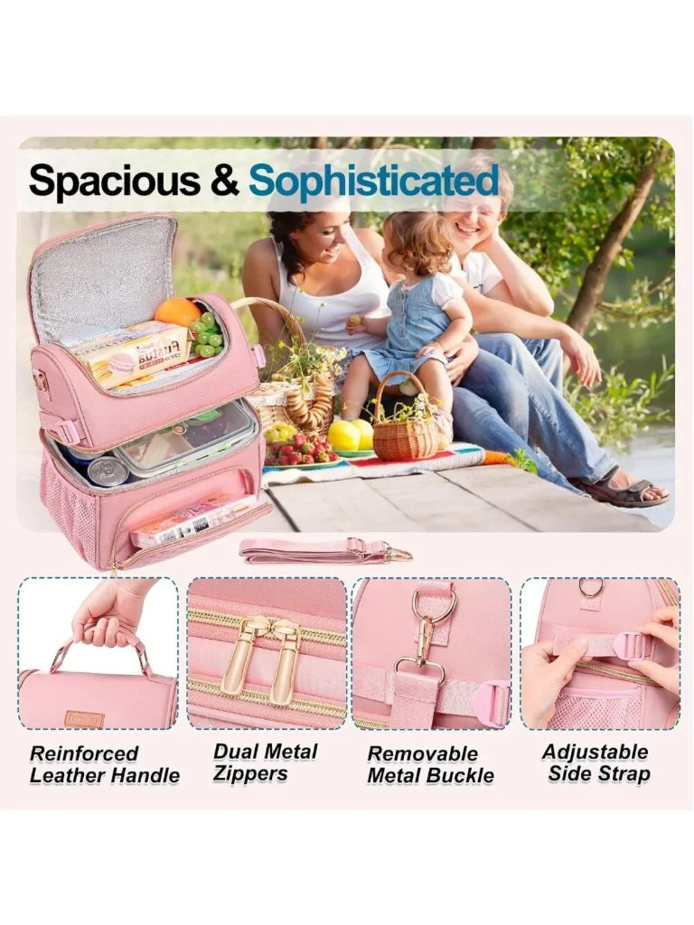 Insulated Dual Compartment Lunch Bag, Leakproof Cooler for Work & Picnic - Pink
